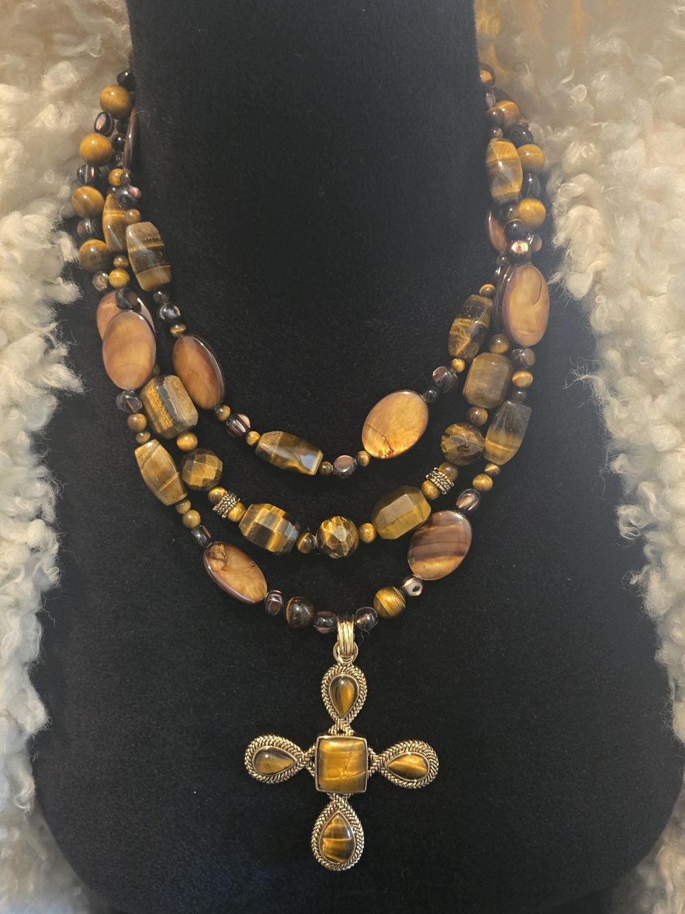 Multi-Strand Barse Tiger's Eye Beaded Necklace with Brass Cross Pendant